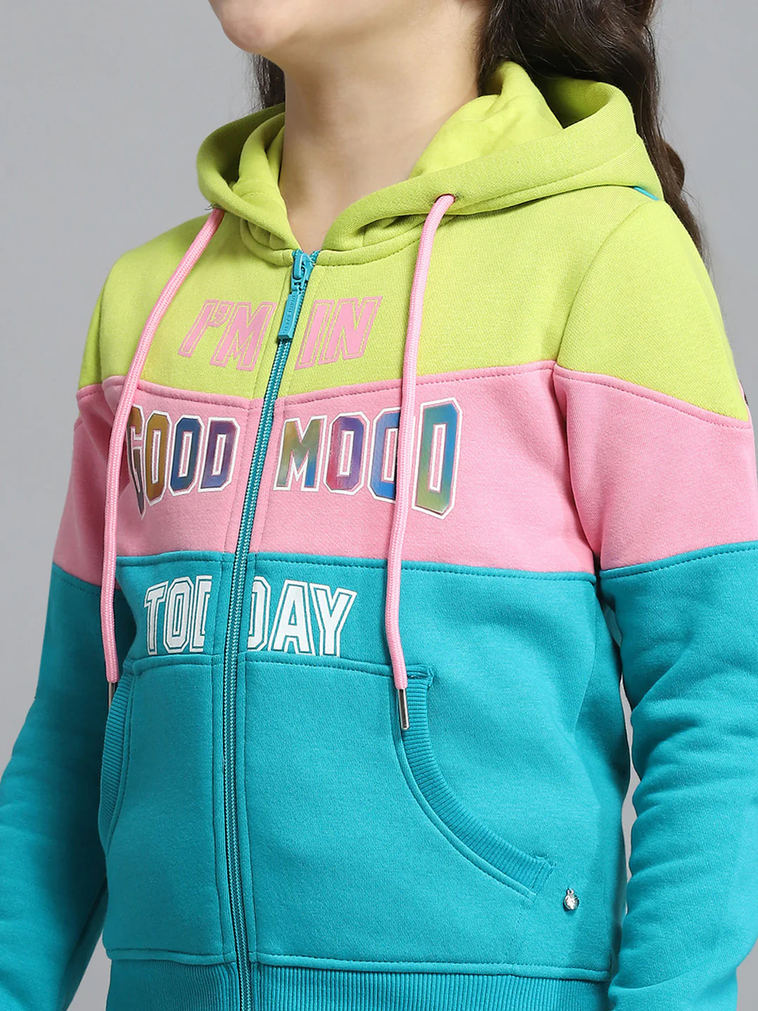 Girls Teal Blue Printed Hooded Full Sleeve Tracksuit - Image 6