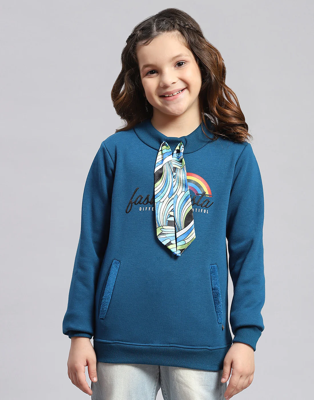 Girls Teal Blue Printed Round Neck Full Sleeve Sweatshirt - Image 4