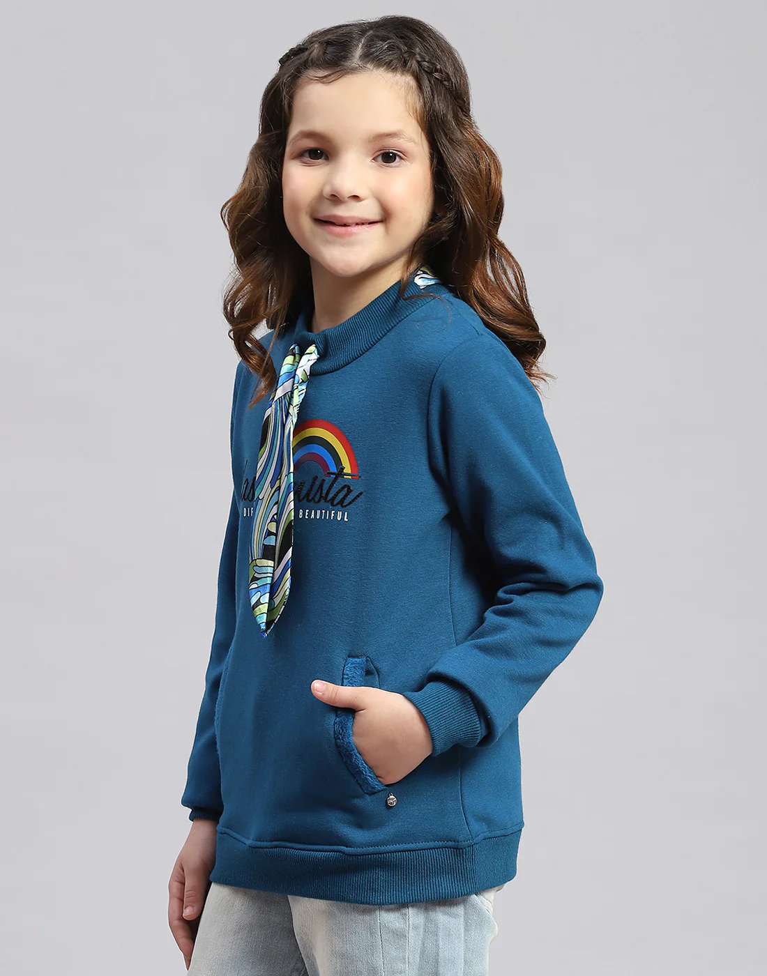 Girls Teal Blue Printed Round Neck Full Sleeve Sweatshirt - Image 5