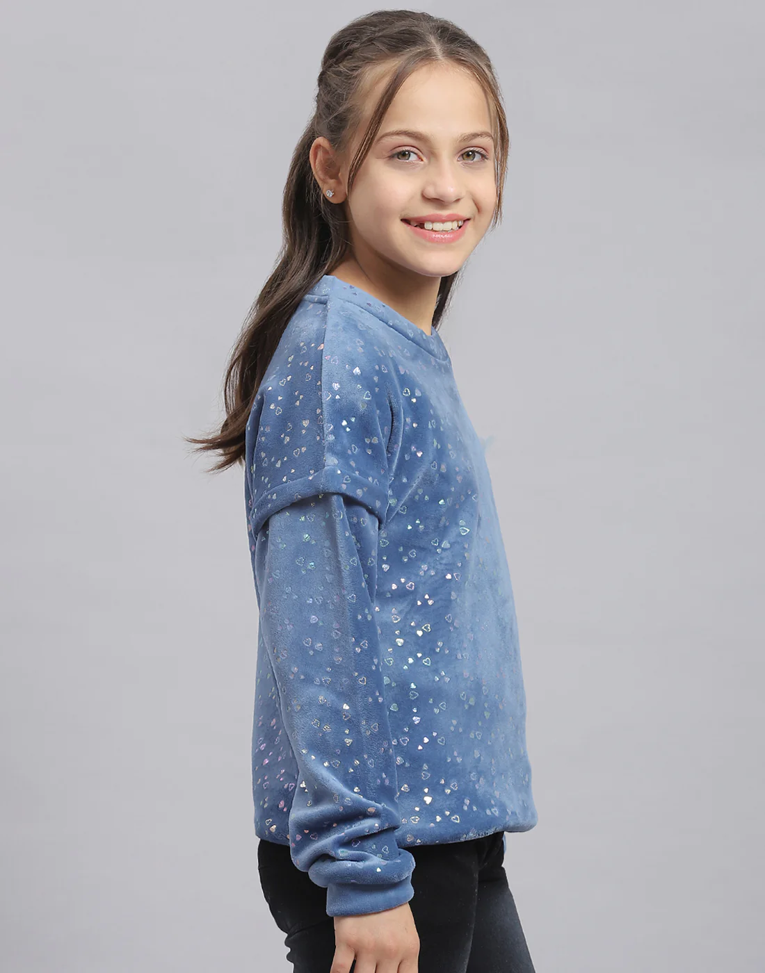 Girls Teal Blue Printed Round Neck Full Sleeve Sweatshirt - Image 4