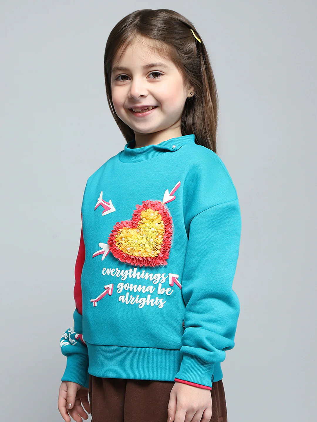 Girls Teal Blue Printed Round Neck Full Sleeve Sweatshirt - Image 3