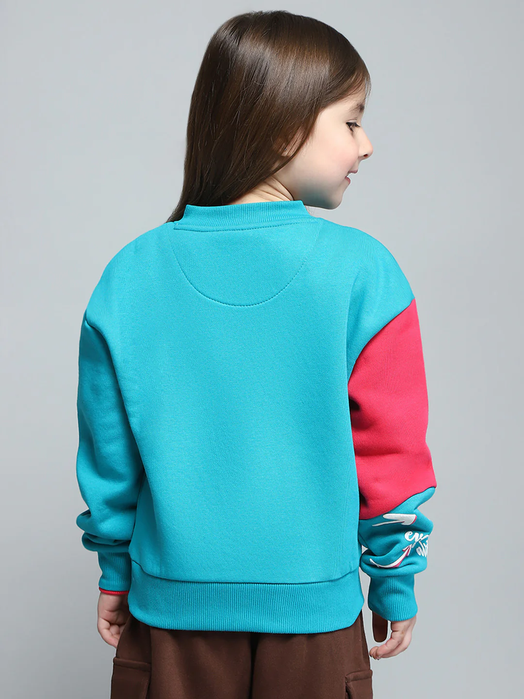 Girls Teal Blue Printed Round Neck Full Sleeve Sweatshirt - Image 5