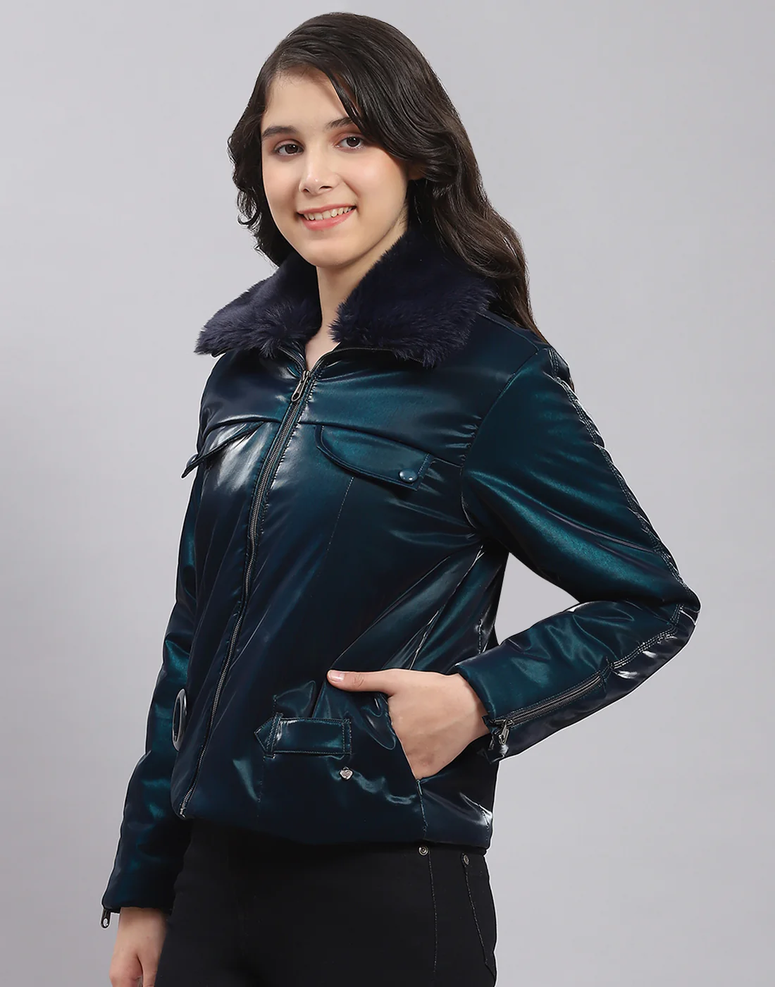 Girls Teal Blue Solid Collar Full Sleeve Girls Jacket - Image 3
