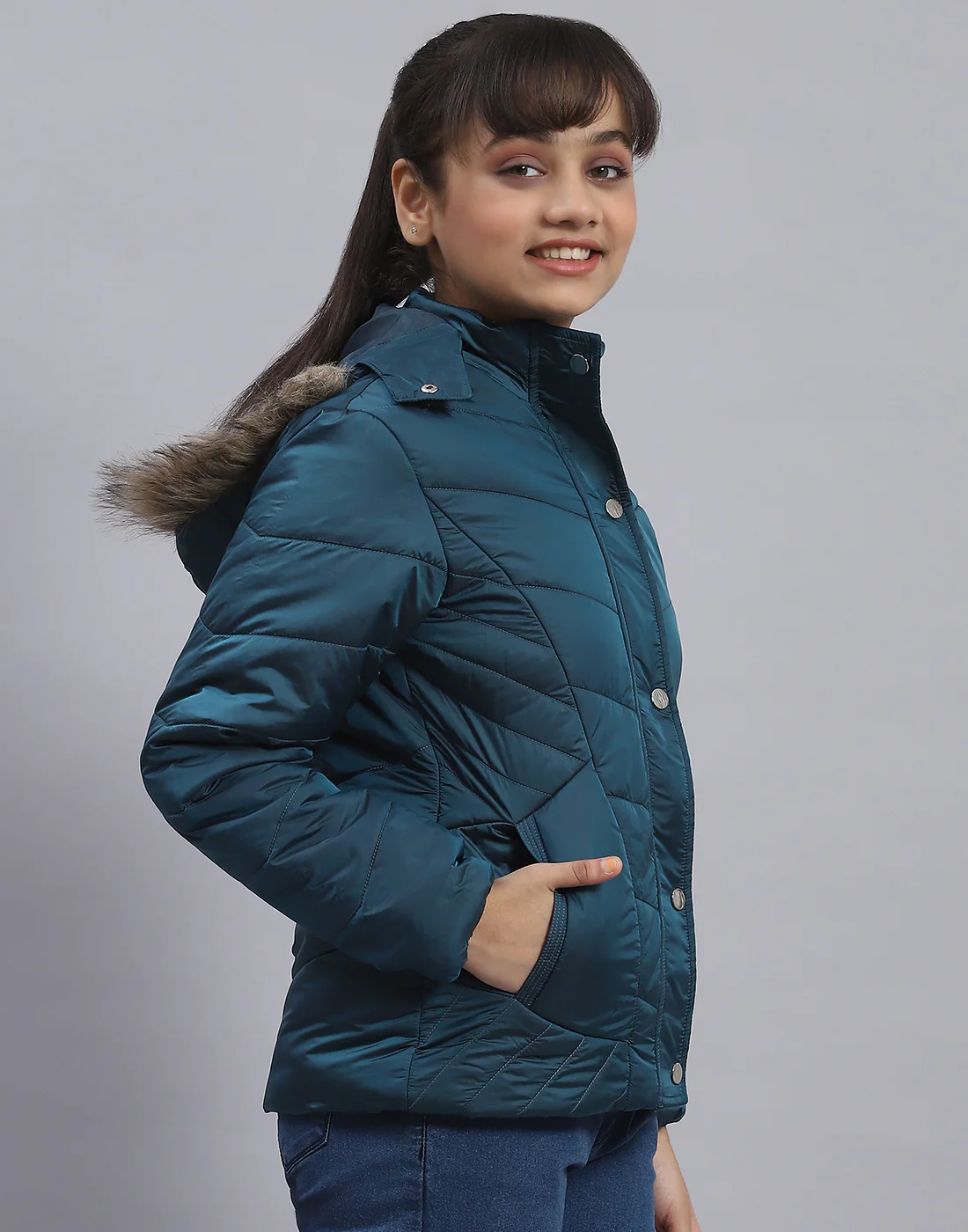 Girls Teal Blue Solid Hooded Full Sleeve Girls Jacket - Image 4