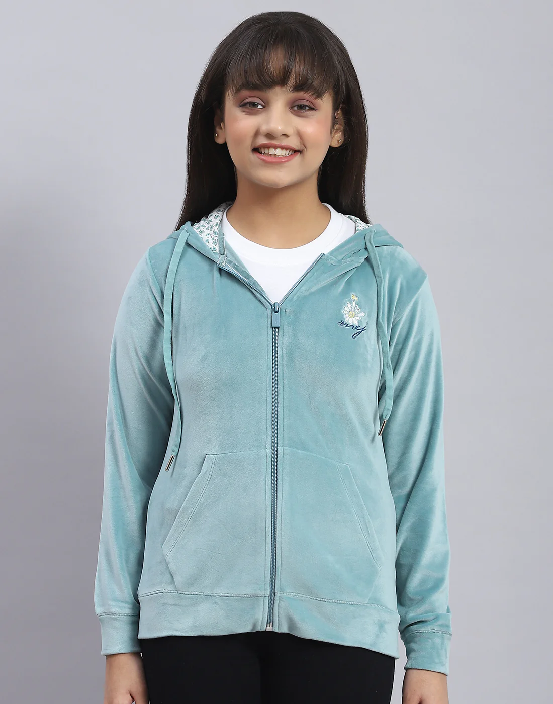 Girls Teal Blue Solid Hooded Full Sleeve Sweatshirt - Image 3