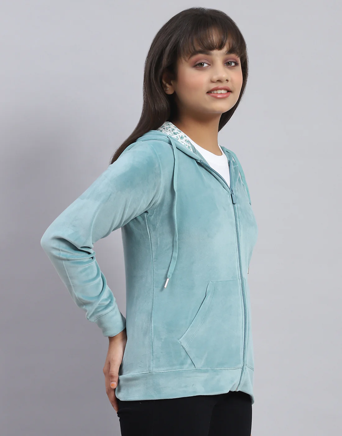 Girls Teal Blue Solid Hooded Full Sleeve Sweatshirt - Image 5