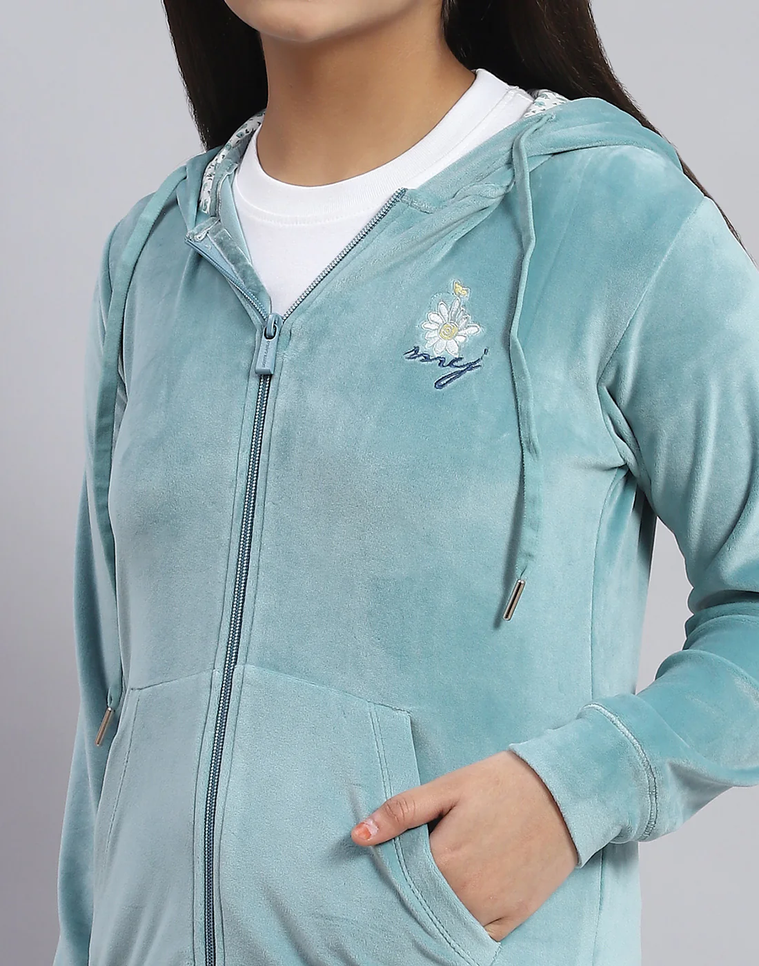 Girls Teal Blue Solid Hooded Full Sleeve Sweatshirt - Image 7