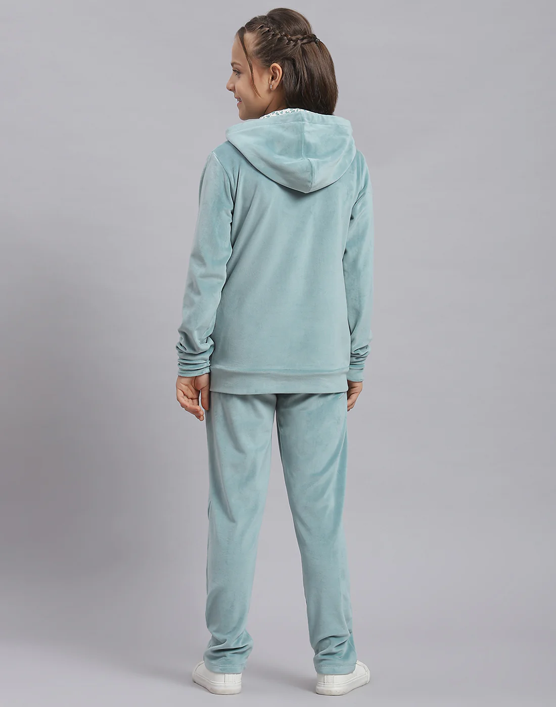 Girls Teal Blue Solid Hooded Full Sleeve Tracksuit - Image 5