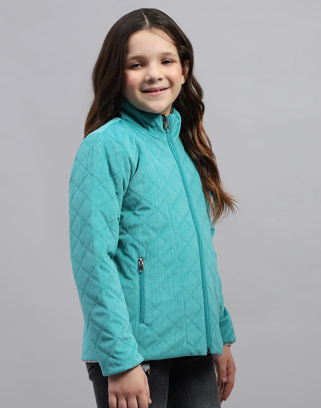 Girls Teal Blue Solid Mock Neck Full Sleeve Jacket - Image 4
