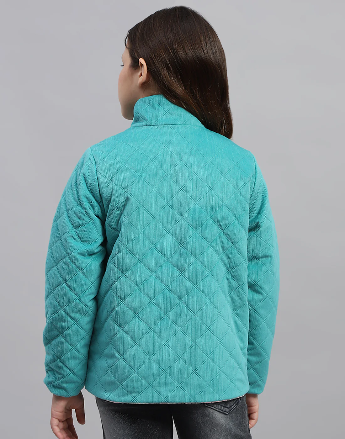 Girls Teal Blue Solid Mock Neck Full Sleeve Jacket - Image 5
