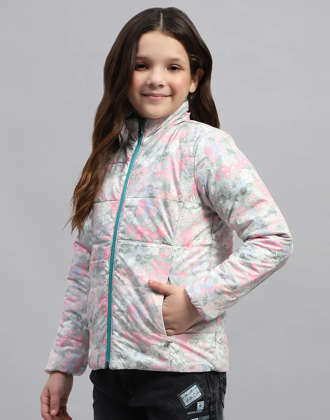 Girls Teal Blue Solid Mock Neck Full Sleeve Jacket - Image 7