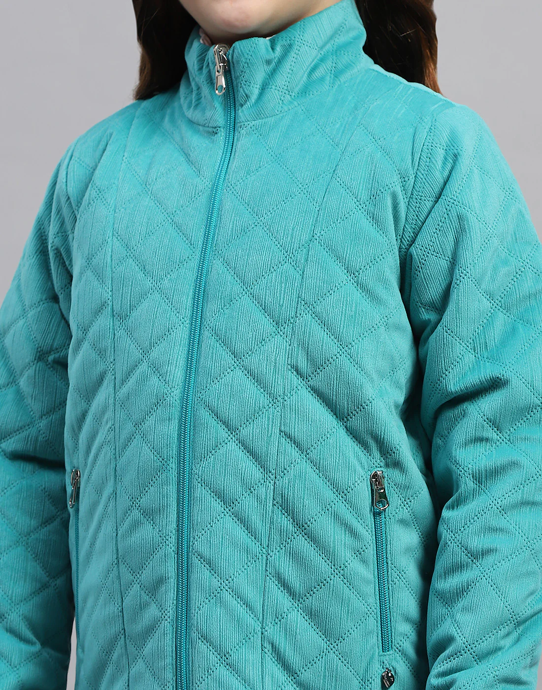 Girls Teal Blue Solid Mock Neck Full Sleeve Jacket - Image 9