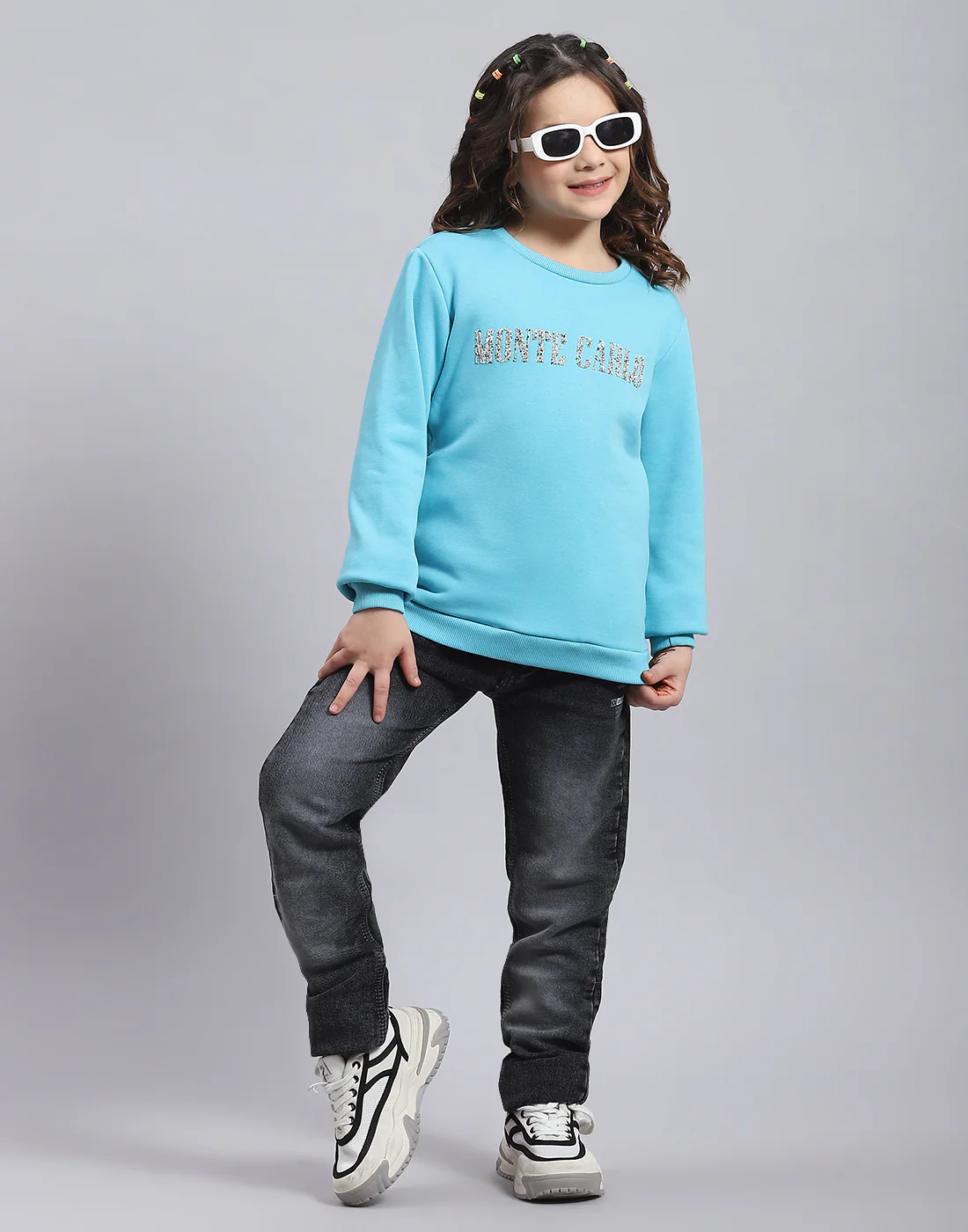 Girls Turquoise Blue Embellished Round Neck Full Sleeve Sweatshirt - Image 2