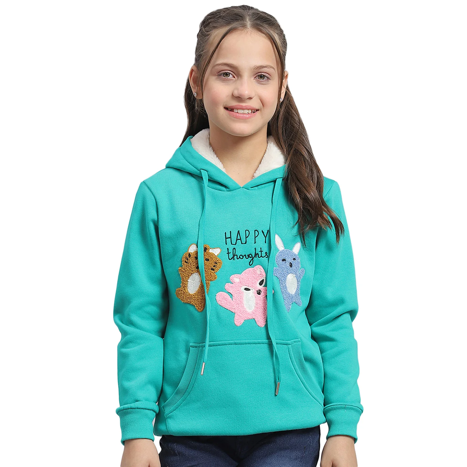 Girls Turquoise Blue Embroidered Hooded Full Sleeve Sweatshirt - Image 5