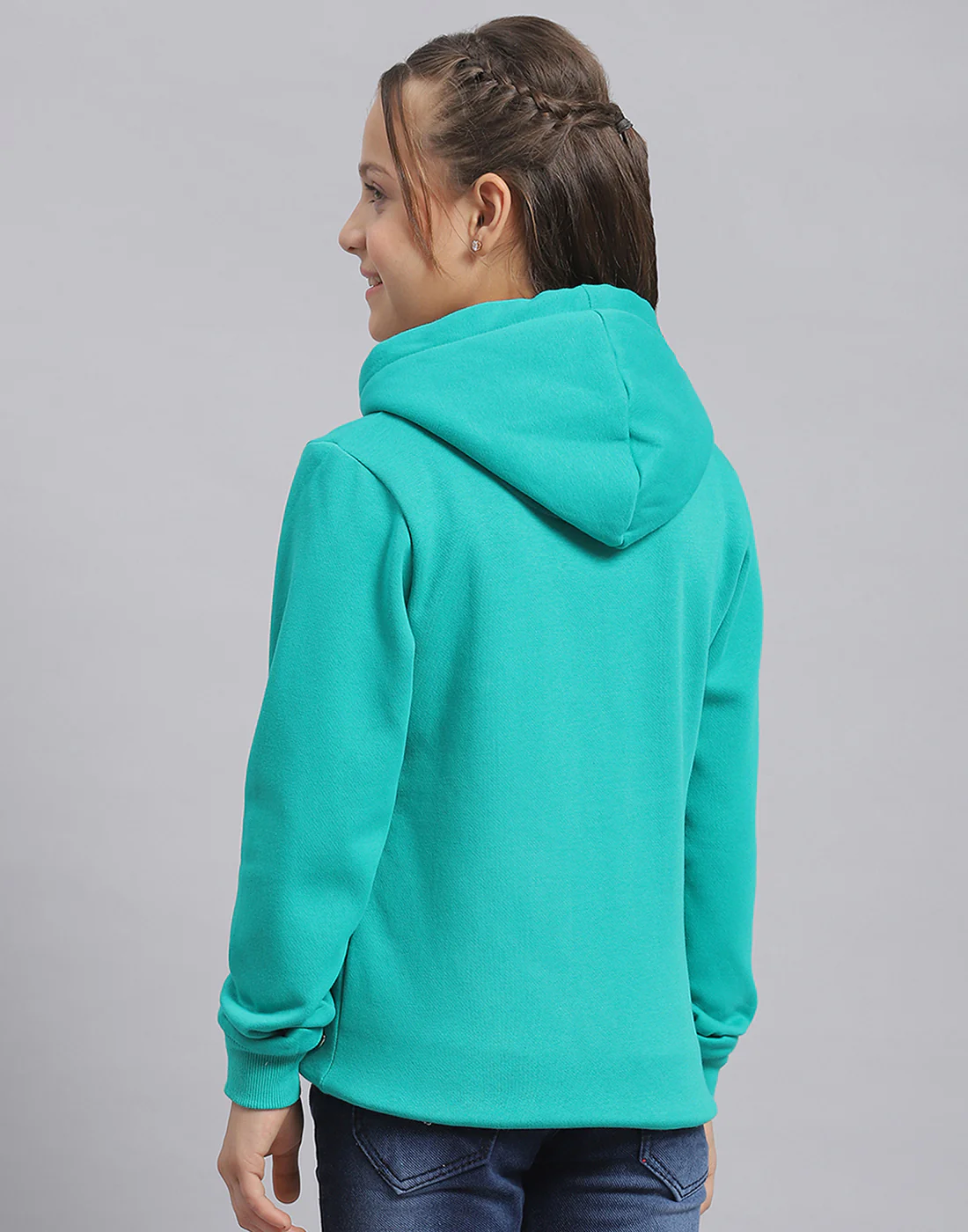 Girls Turquoise Blue Embroidered Hooded Full Sleeve Sweatshirt - Image 6