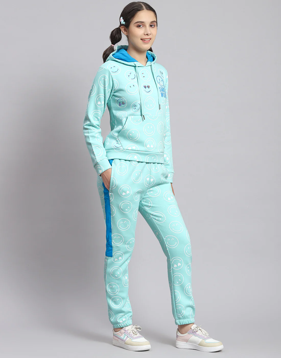 Girls Turquoise Blue Printed Hooded Full Sleeve Cords Set - Image 5