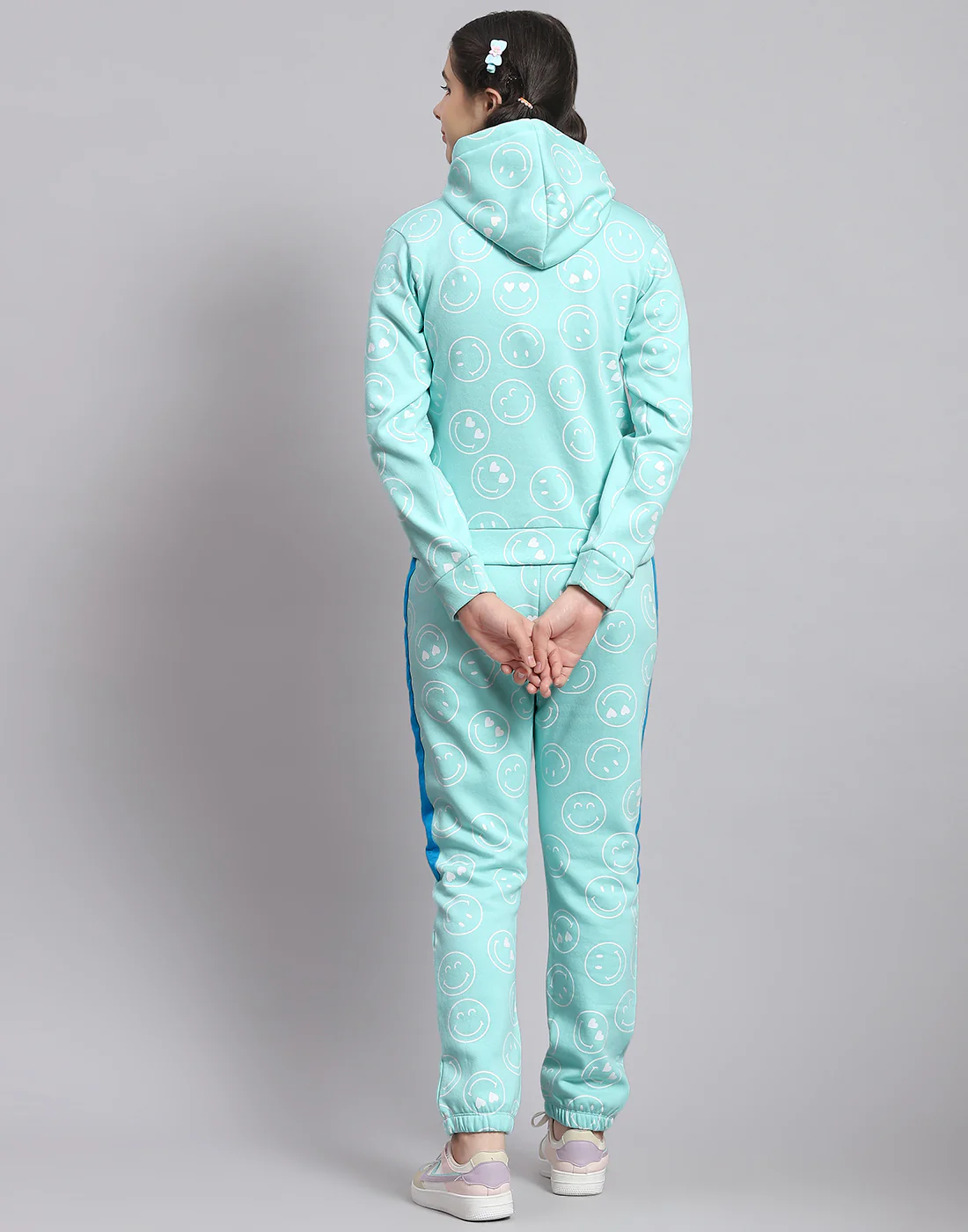 Girls Turquoise Blue Printed Hooded Full Sleeve Cords Set - Image 6