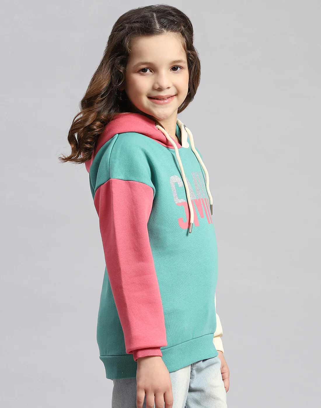 Girls Turquoise Blue Printed Hooded Full Sleeve Sweatshirt - Image 4