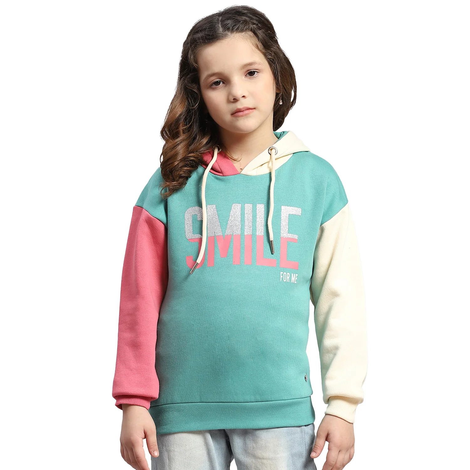 Girls Turquoise Blue Printed Hooded Full Sleeve Sweatshirt - Image 5