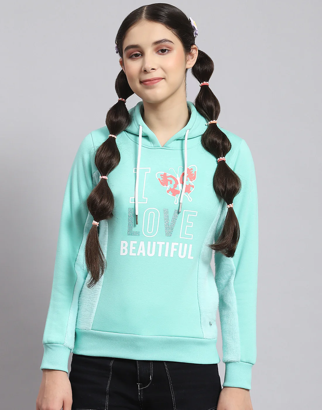 Girls Turquoise Blue Printed Hooded Full Sleeve Sweatshirt - Image 3