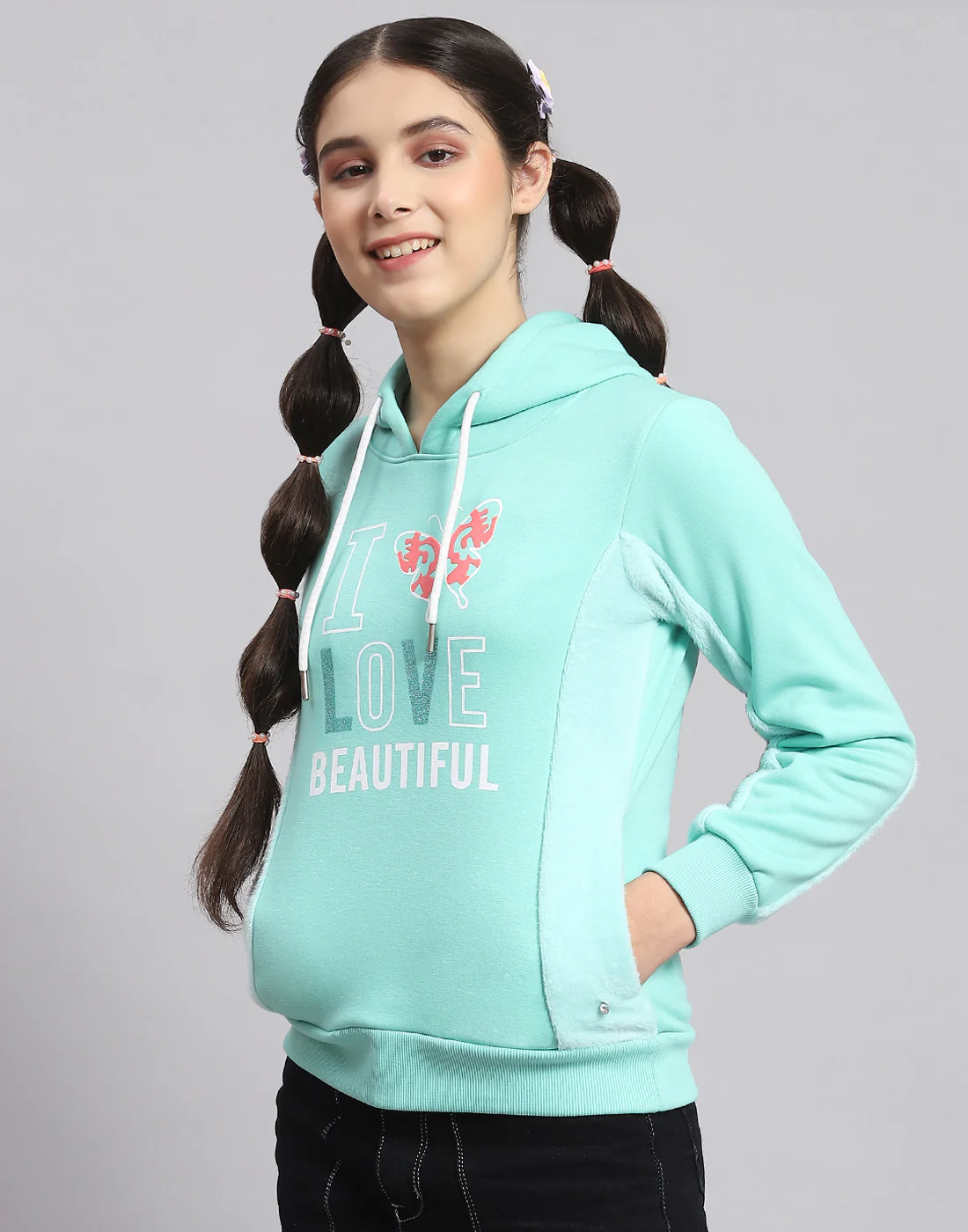 Girls Turquoise Blue Printed Hooded Full Sleeve Sweatshirt - Image 4