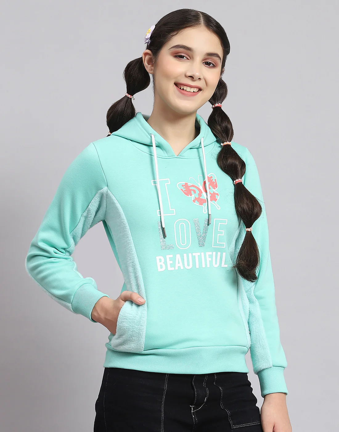 Girls Turquoise Blue Printed Hooded Full Sleeve Sweatshirt - Image 5