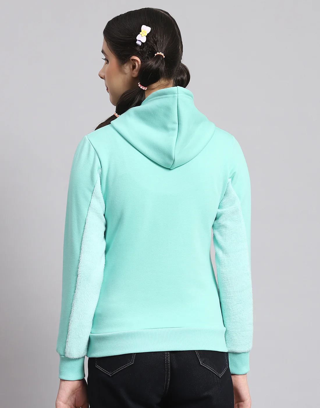 Girls Turquoise Blue Printed Hooded Full Sleeve Sweatshirt - Image 6