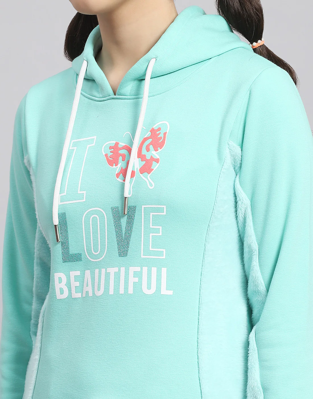 Girls Turquoise Blue Printed Hooded Full Sleeve Sweatshirt - Image 7