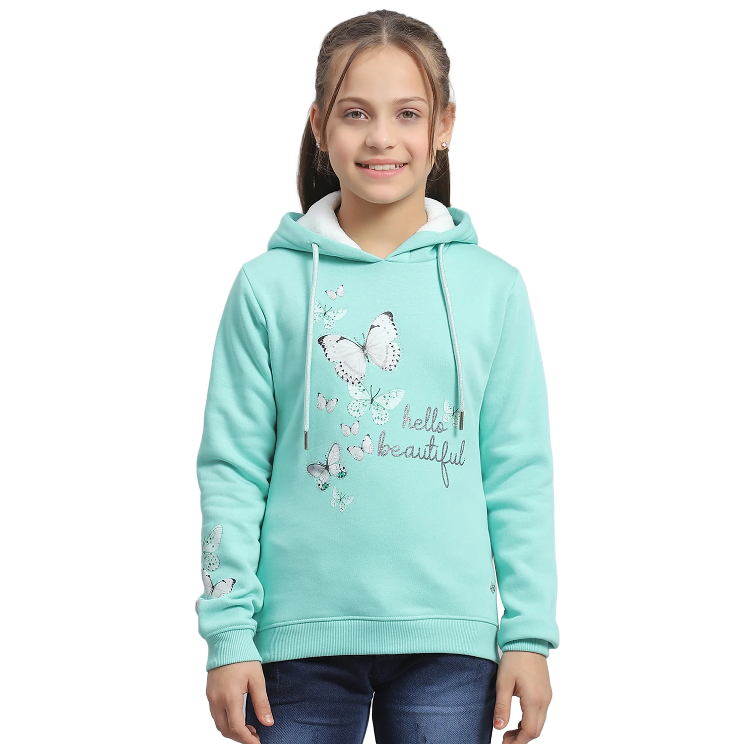 Girls Turquoise Blue Printed Hooded Full Sleeve Sweatshirt - Image 5