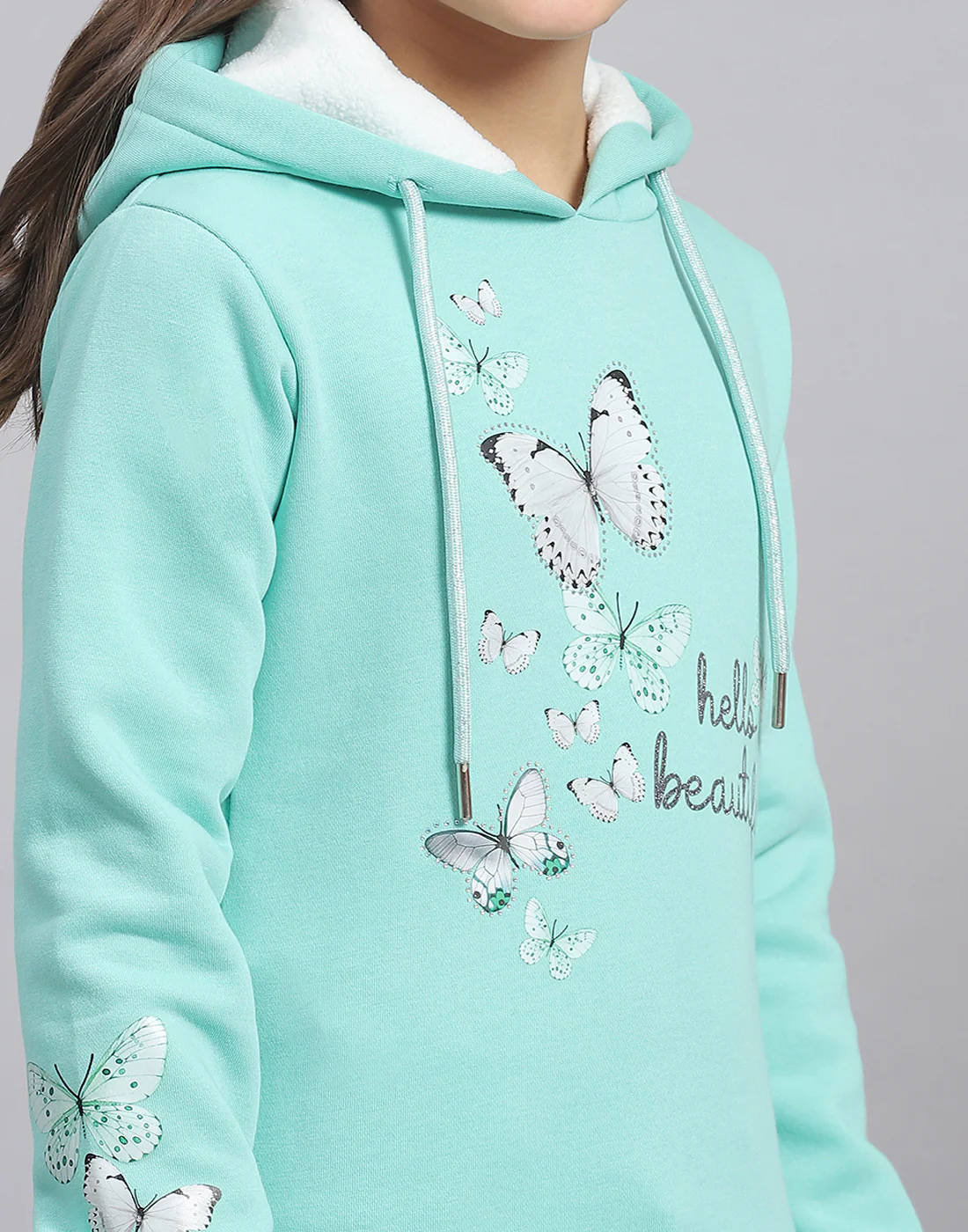 Girls Turquoise Blue Printed Hooded Full Sleeve Sweatshirt - Image 7