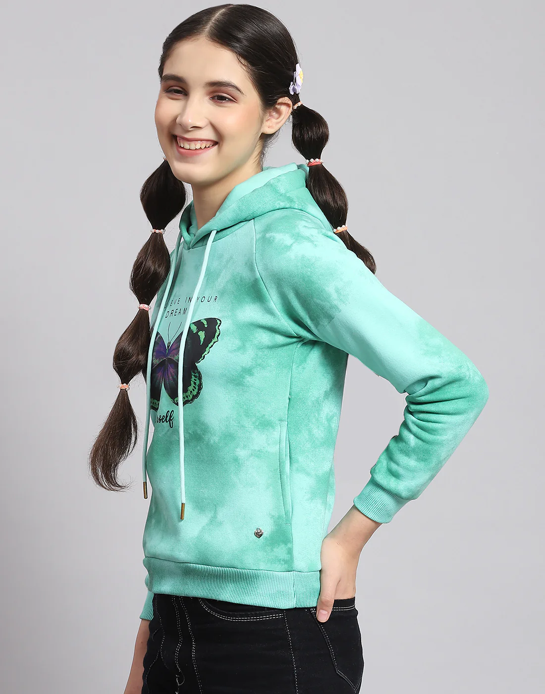 Girls Turquoise Blue Printed Hooded Full Sleeve Sweatshirt - Image 4