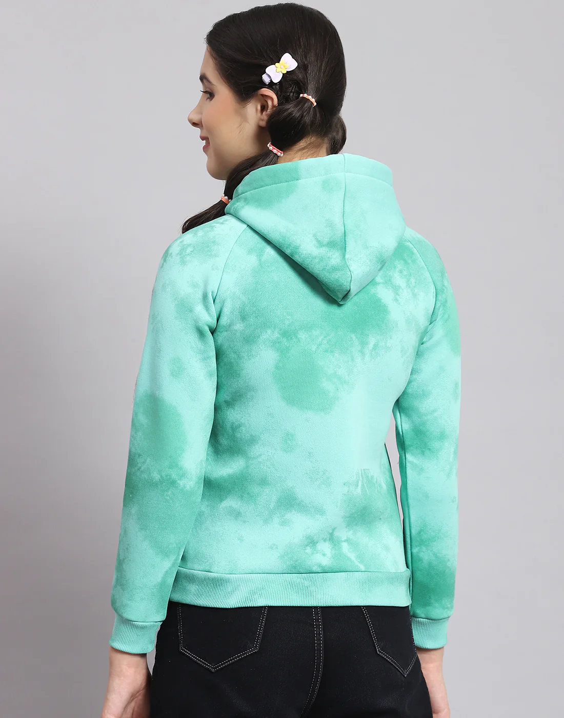Girls Turquoise Blue Printed Hooded Full Sleeve Sweatshirt - Image 5