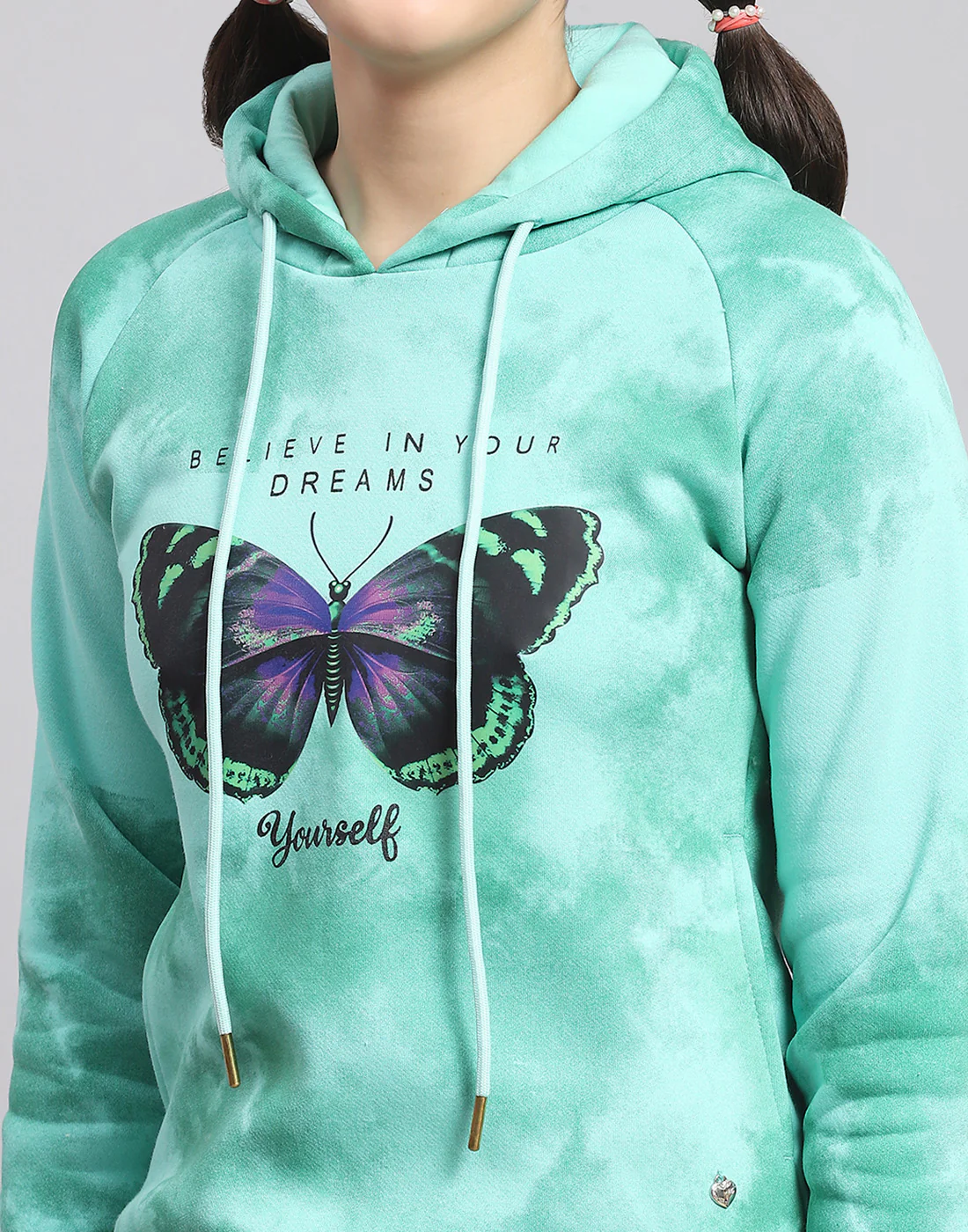 Girls Turquoise Blue Printed Hooded Full Sleeve Sweatshirt - Image 6
