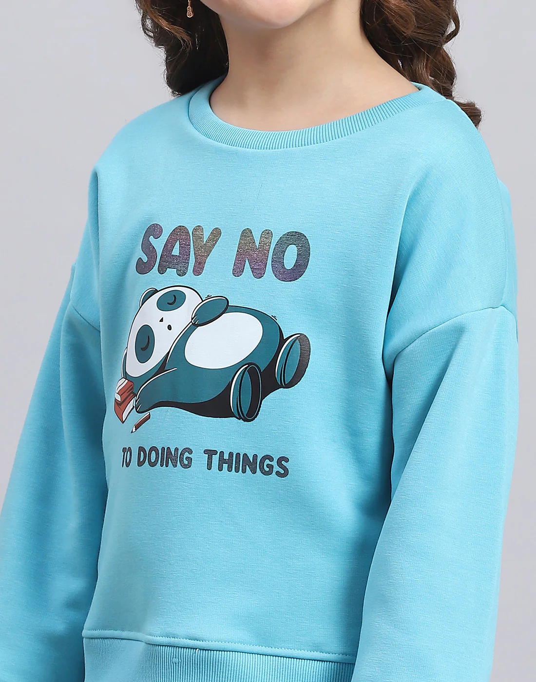 Girls Turquoise Blue Printed Round Neck Full Sleeve Sweatshirt - Image 6