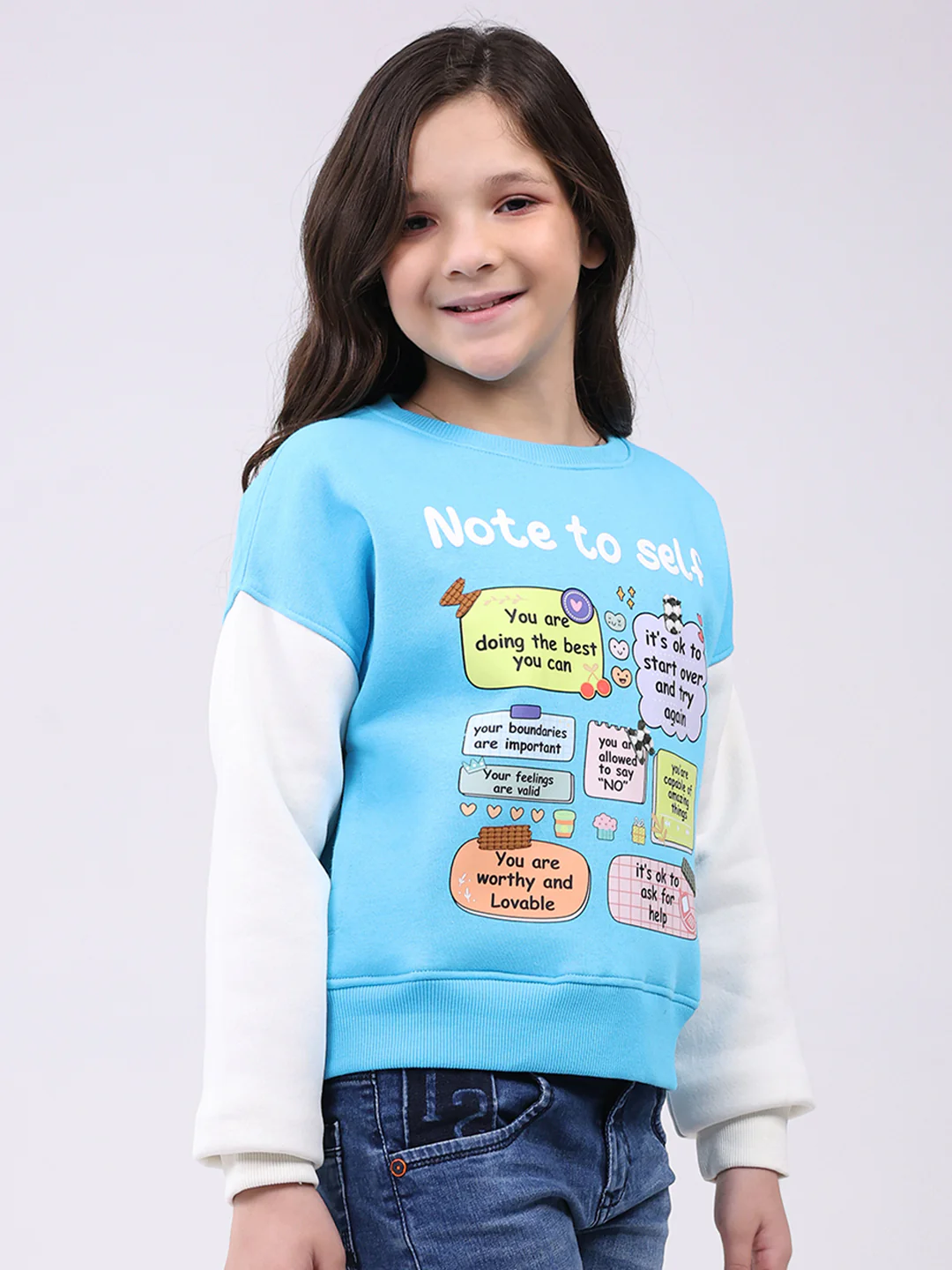 Girls Turquoise Blue Printed Round Neck Full Sleeve Sweatshirt - Image 4