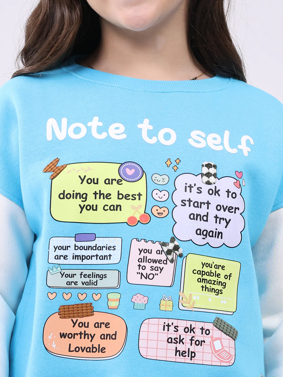 Girls Turquoise Blue Printed Round Neck Full Sleeve Sweatshirt - Image 7