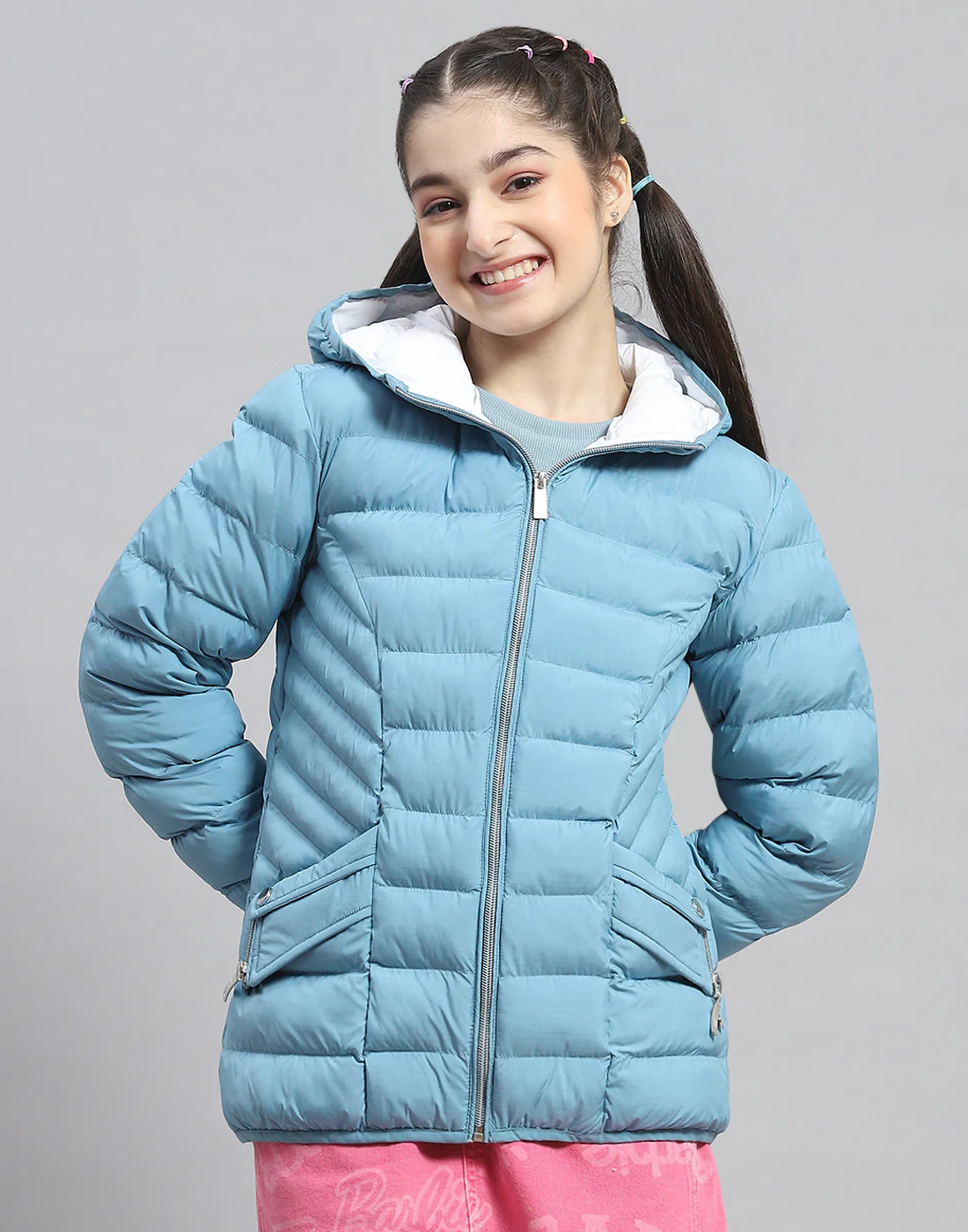 Girls Turquoise Blue Solid Hooded Full Sleeve Girls Jacket - Image 2