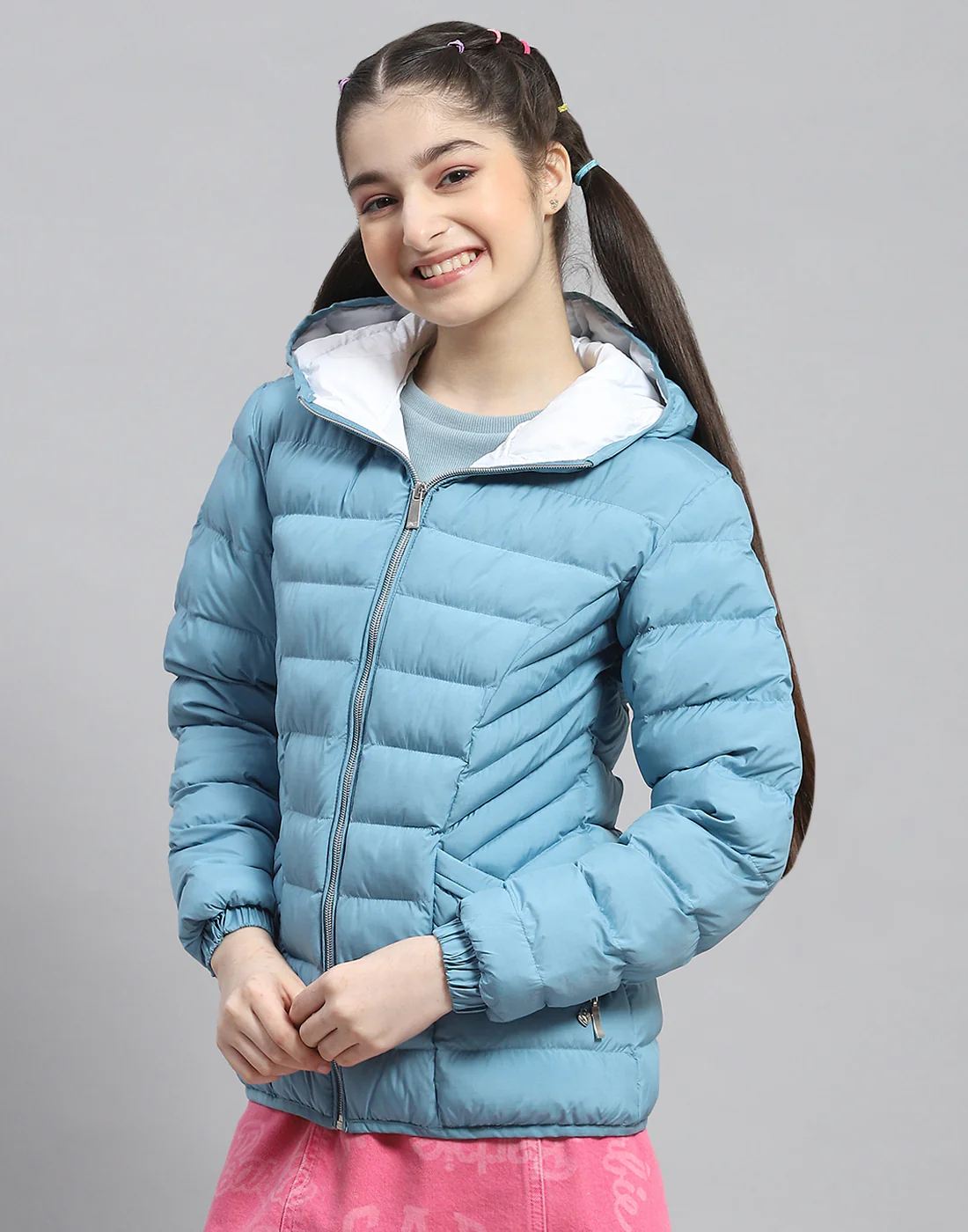 Girls Turquoise Blue Solid Hooded Full Sleeve Girls Jacket - Image 3