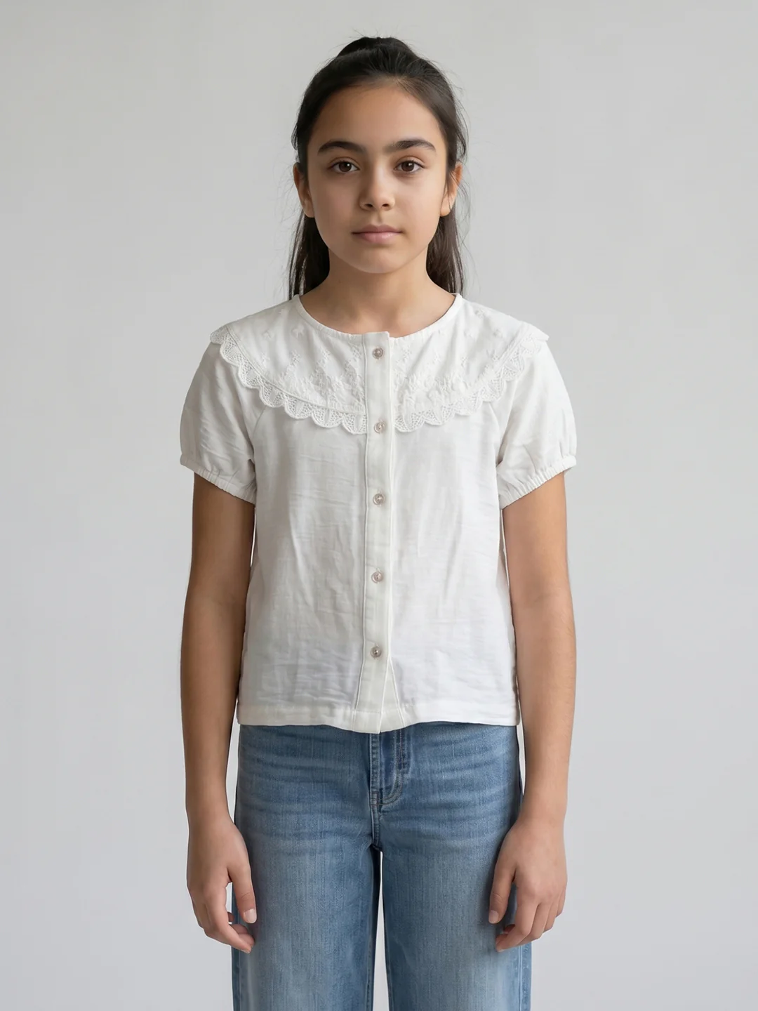 Girls White Embroidered V Neck Half Sleeve Top