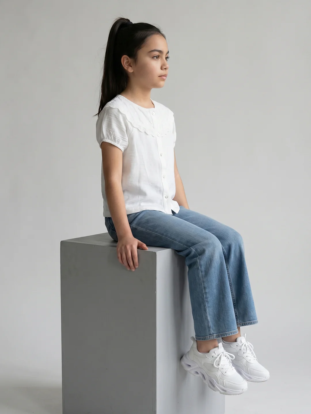 Girls White Embroidered V Neck Half Sleeve Top - Image 5