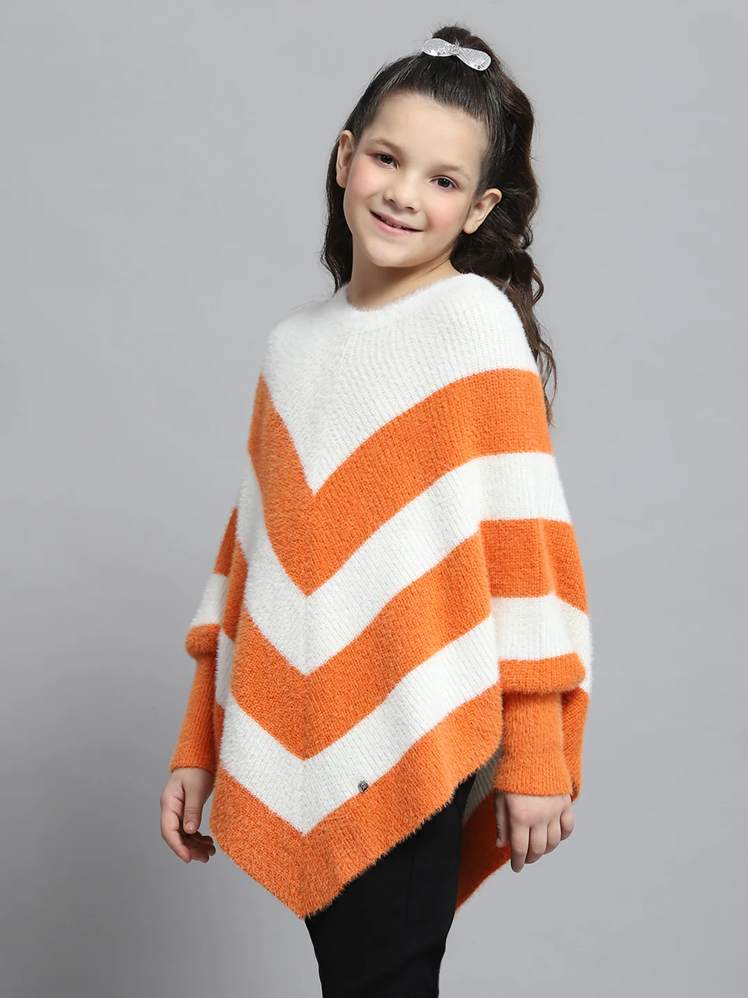 Girls White & Orange Stripe Round Neck Full Sleeve Poncho - Image 3
