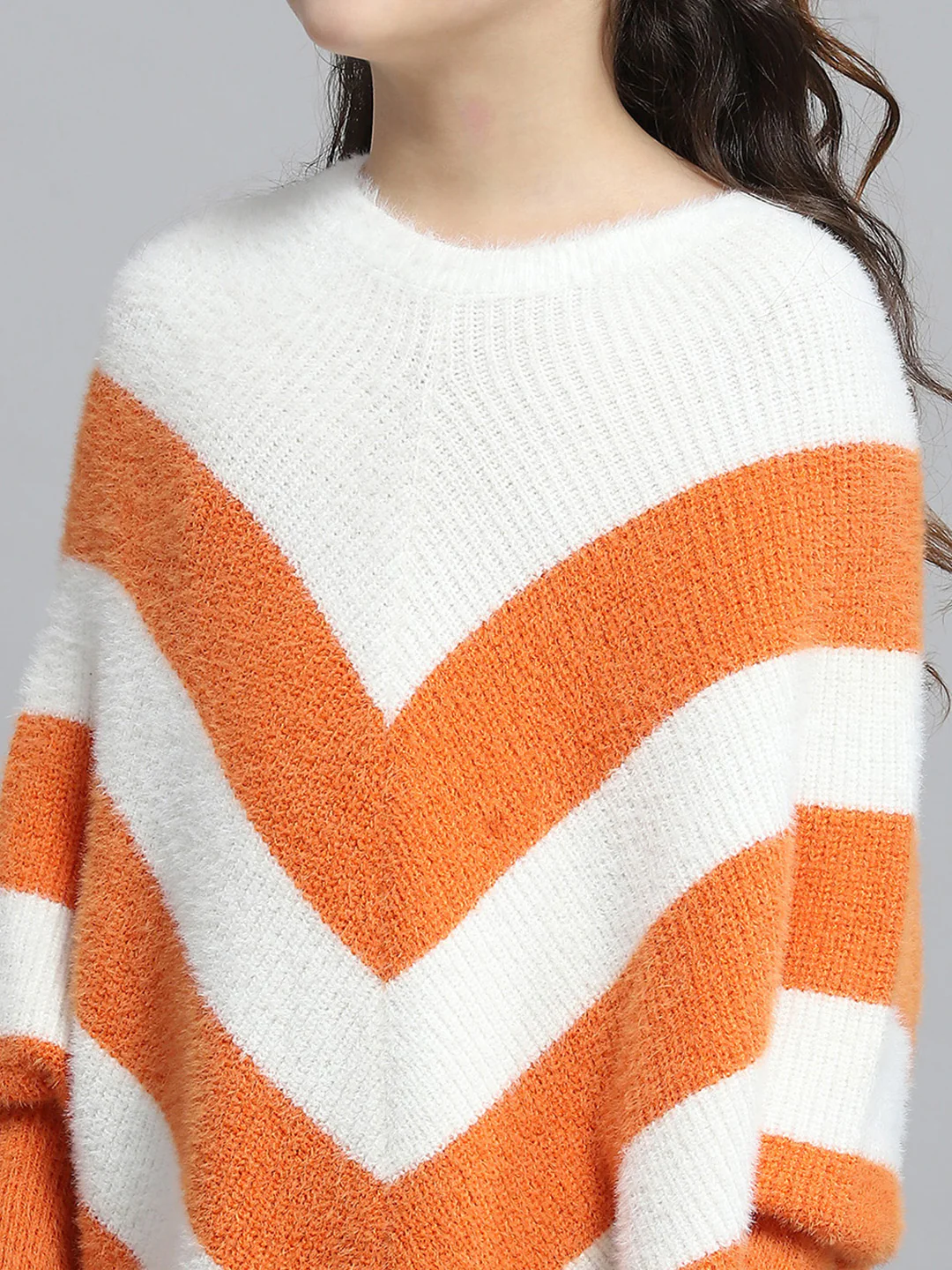 Girls White & Orange Stripe Round Neck Full Sleeve Poncho - Image 6