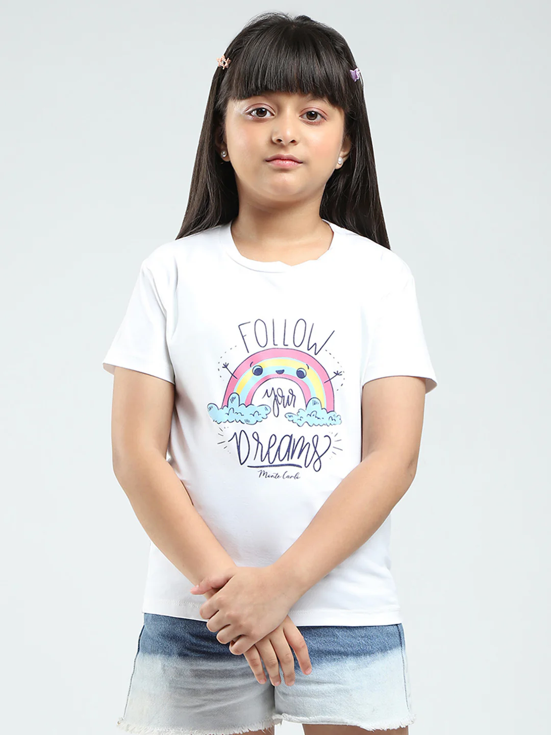 Girls White & Pink Printed Round Neck Half Sleeve Top 2Pc Set - Image 3