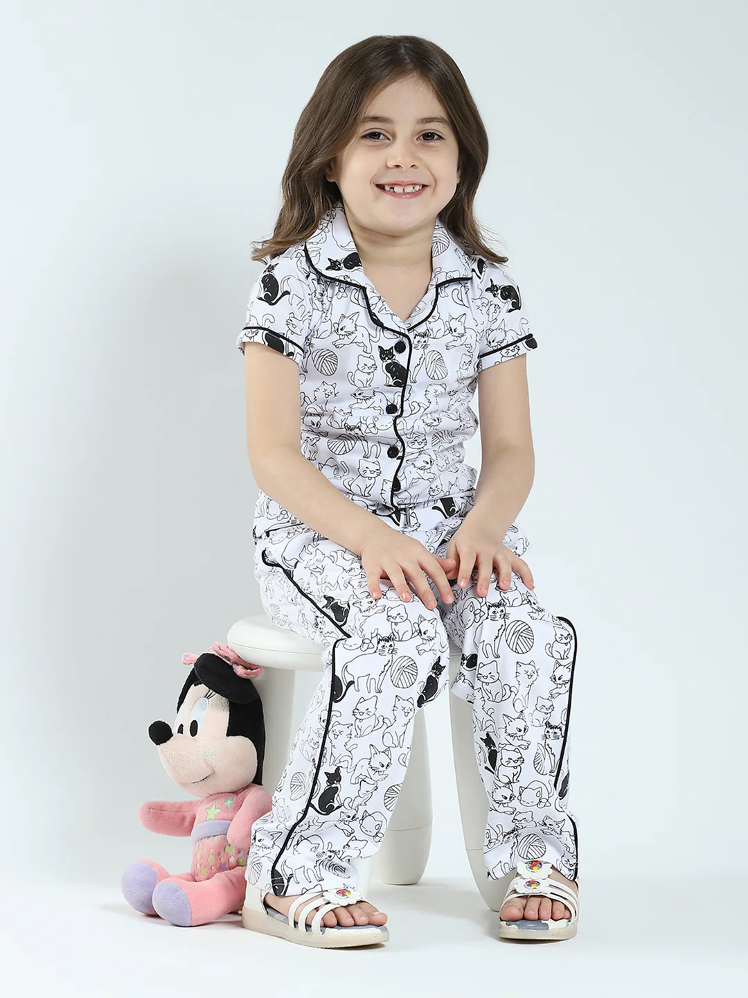 Girls White Printed Collar Half Sleeve Lower Set - Image 2