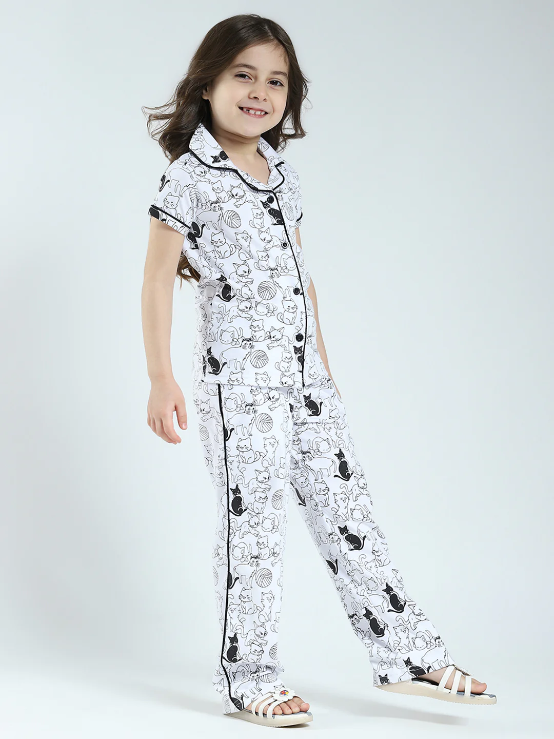 Girls White Printed Collar Half Sleeve Lower Set - Image 4
