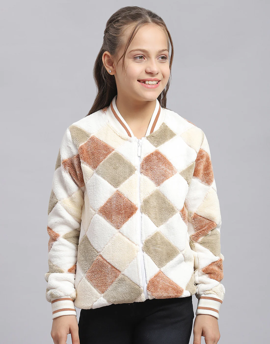 Girls White Printed Mandarin Collar Full Sleeve Sweatshirt - Image 3