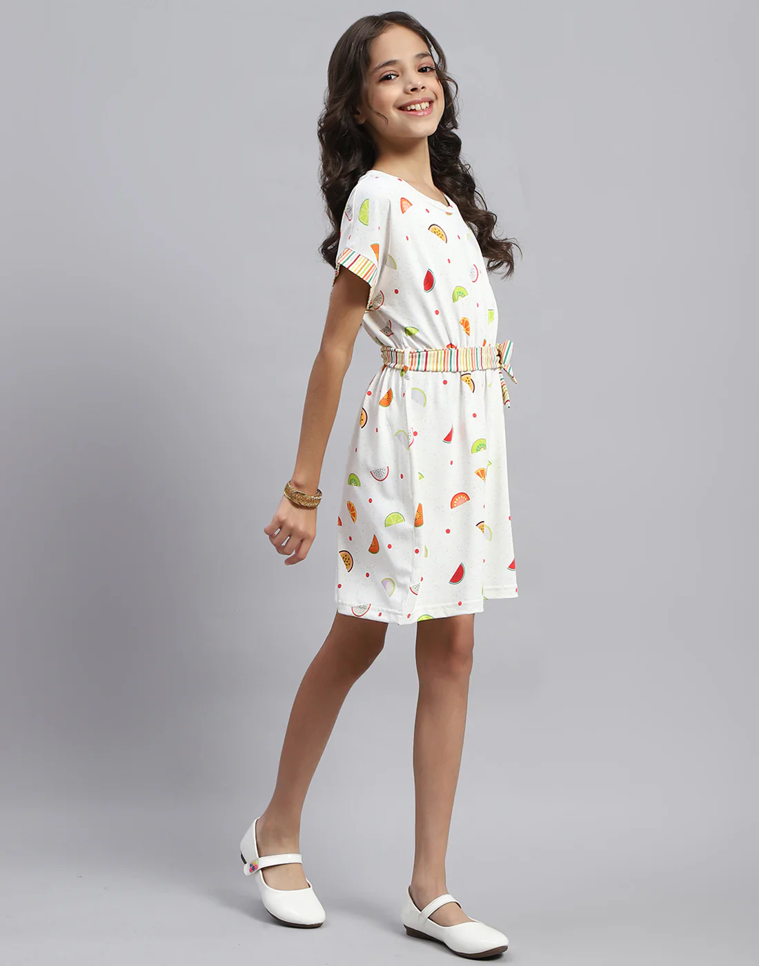 Girls White Printed Round Neck Half Sleeve Dress - Image 4