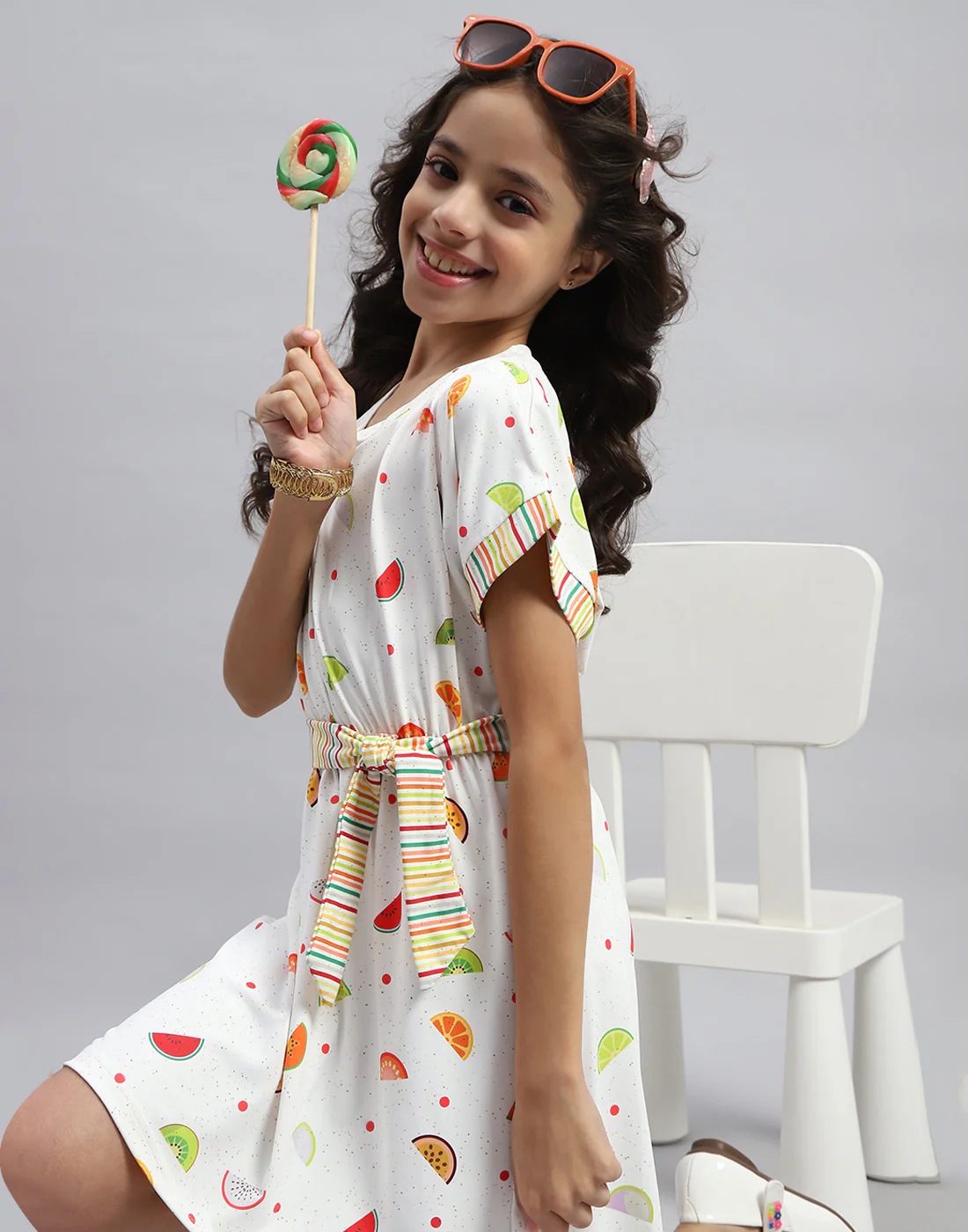 Girls White Printed Round Neck Half Sleeve Dress - Image 6