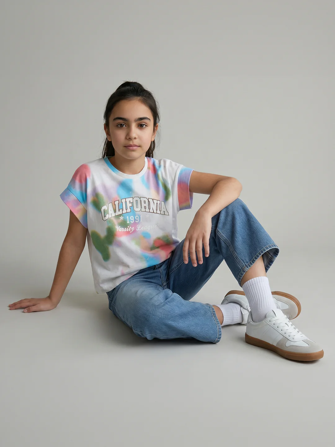 Girls White Printed Round Neck Half Sleeve Top - Image 5