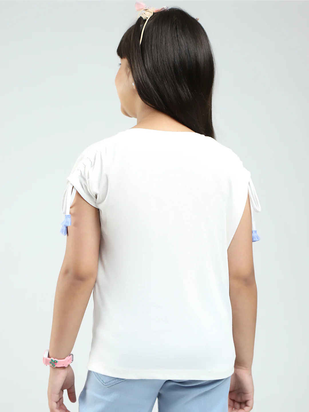 Girls White Printed Round Neck Half Sleeve Top - Image 5